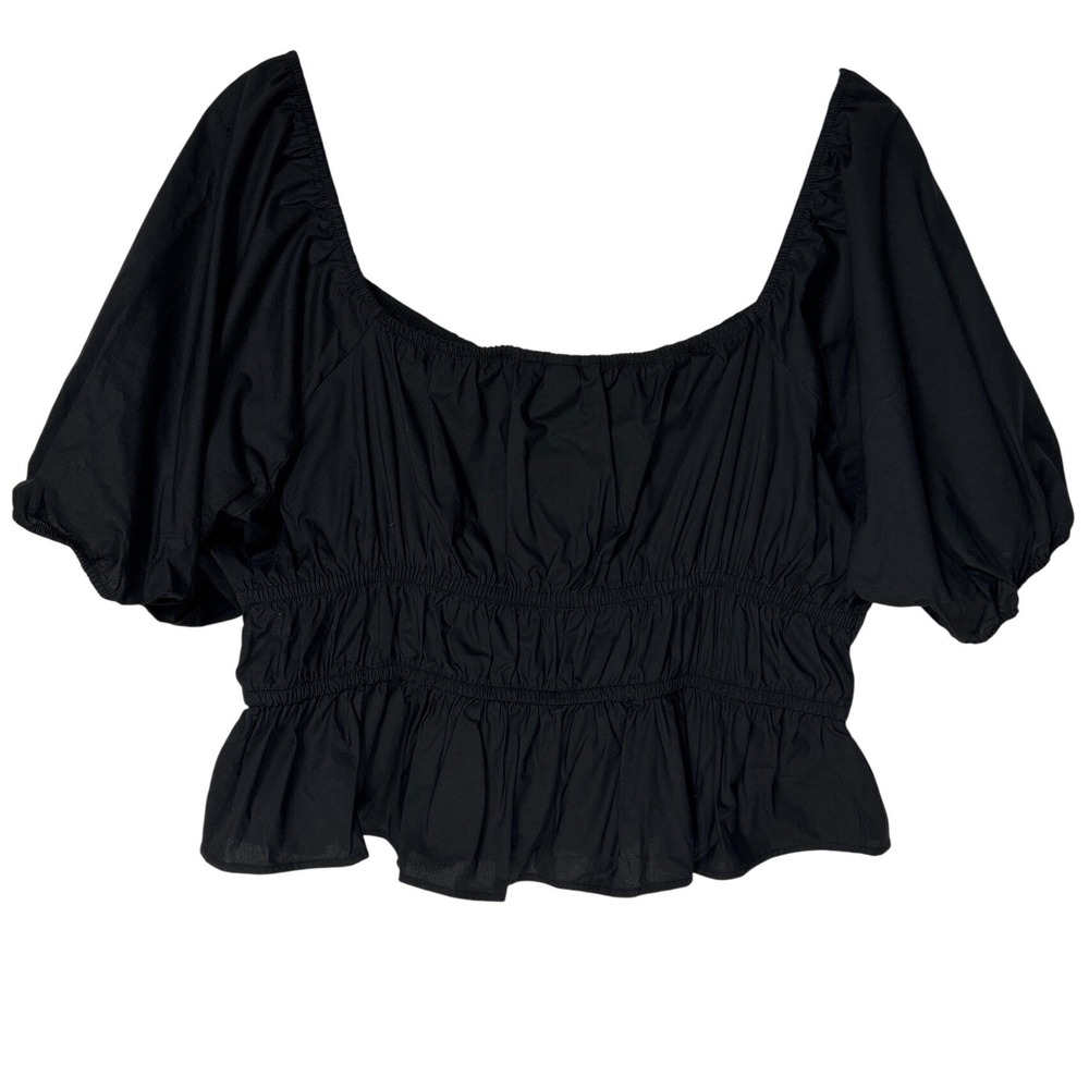 HM Black Smocked Waist Peplum Crop Top Puff Sleeve Square Neck Size XL NWT - Picture 5 of 8